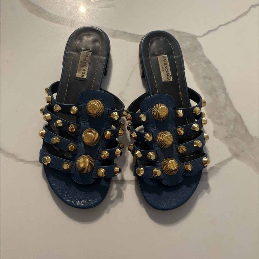 Balenciaga Blue and Gold Studded Sandals